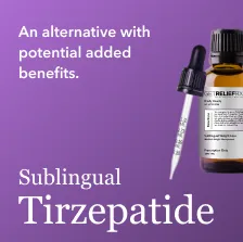 A bottle of sublingual Tirzepatide with its delivery dropper.