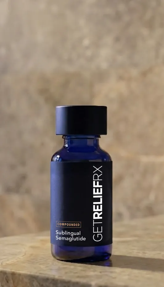 Compounded sublingual semaglutide medication bottle from GetReliefRX