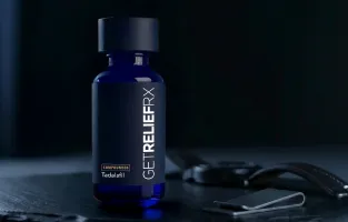 Compounded tadalafil medication bottle from GetReliefRX telehealth pharmacy program