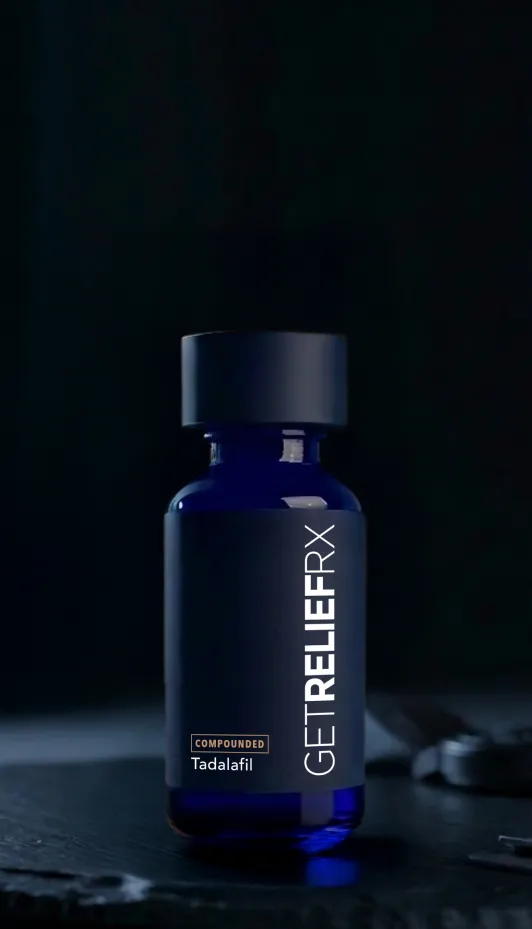 Compounded tadalafil medication bottle from GetReliefRX telehealth pharmacy program