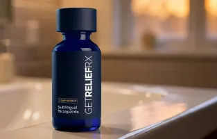 Compounded sublingual tirzepatide medication bottle from GetReliefRX