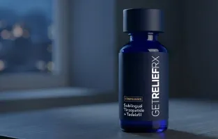 Compounded sublingual tirzepatide with tadalafil medication bottle from GetReliefRX