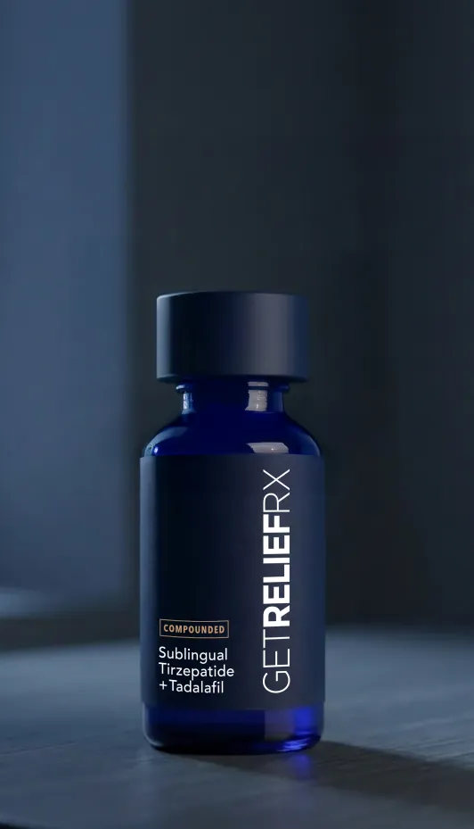 Compounded sublingual tirzepatide with tadalafil medication bottle from GetReliefRX