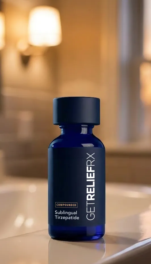 Compounded sublingual tirzepatide medication bottle from GetReliefRX